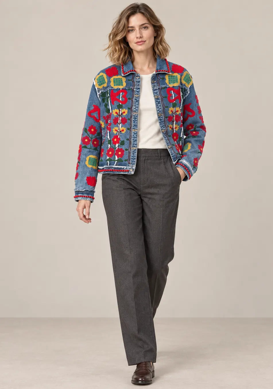 Women’s Denim Jacket with Floral Design Hand-Embroidered -Zara