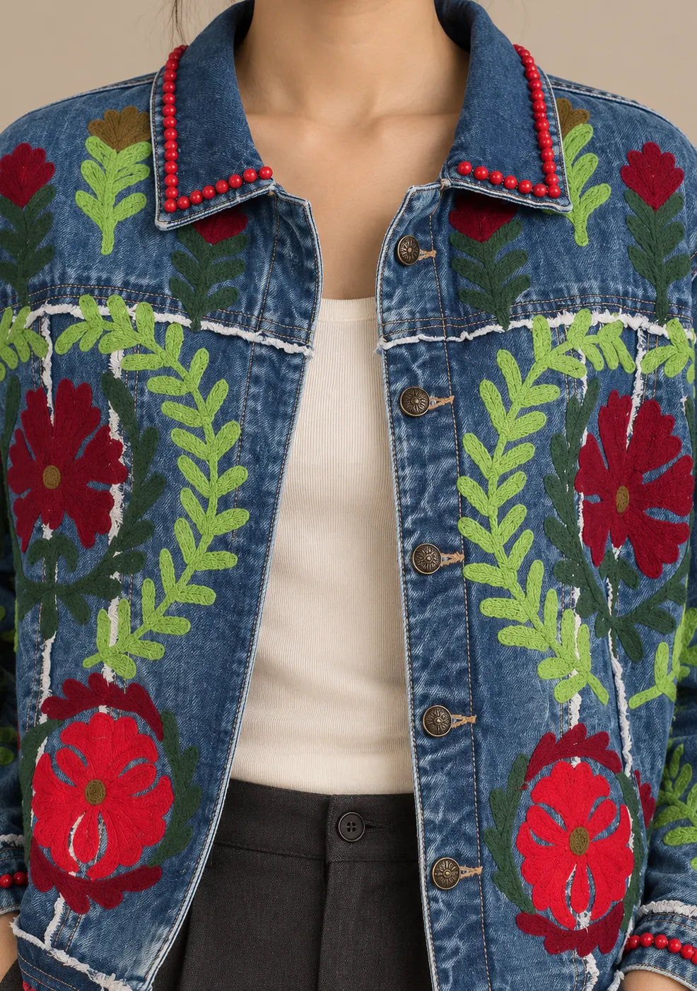Women’s Blue Denim Jacket with Hand Embroidery - Ambir
