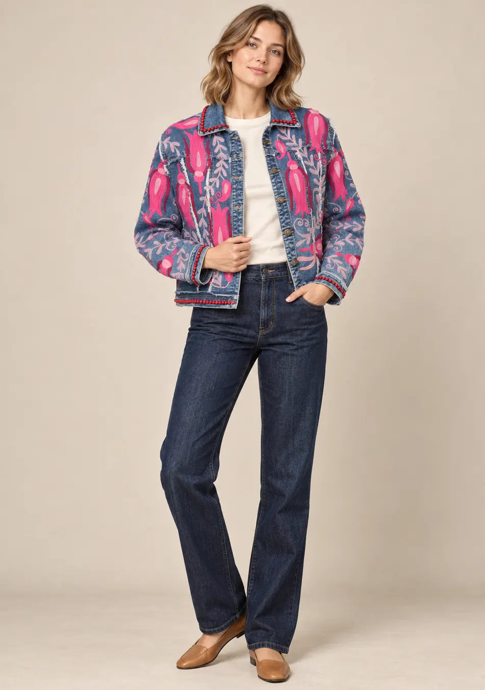 Women’s Denim Jacket with Pink Floral Hand-Embroidered - Sona