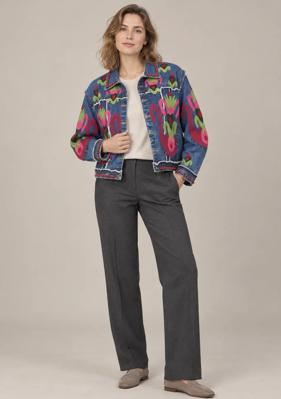 Women’s Blue Denim Jacket with Hand-Embroidered - Vesana