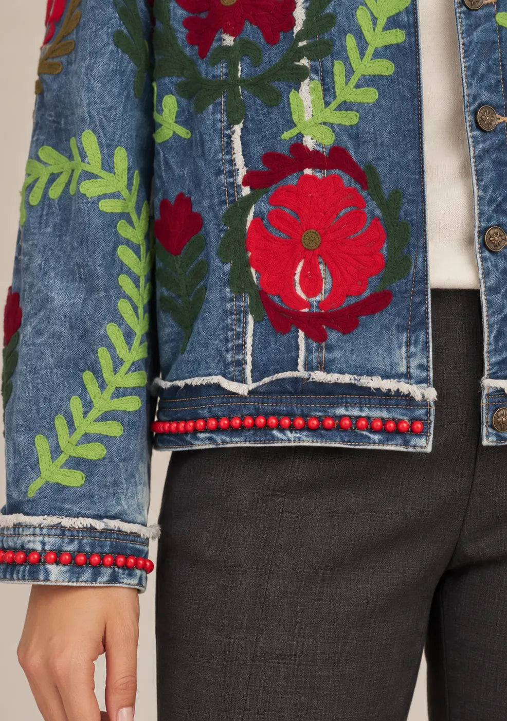 Women’s Blue Denim Jacket with Hand Embroidery - Ambir