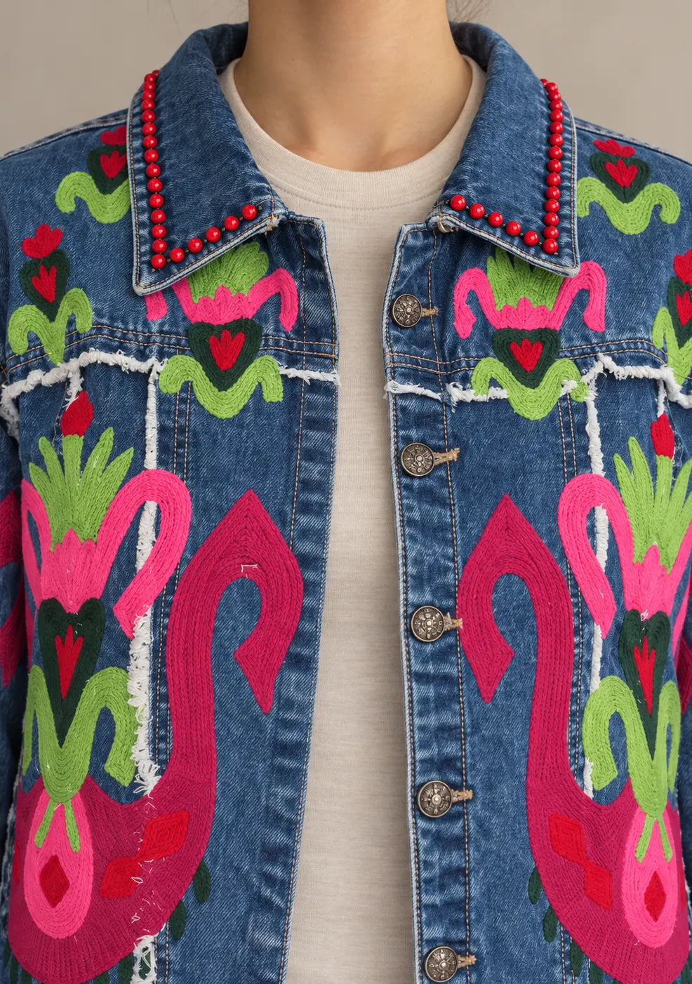 Women’s Blue Denim Jacket with Hand-Embroidered - Vesana