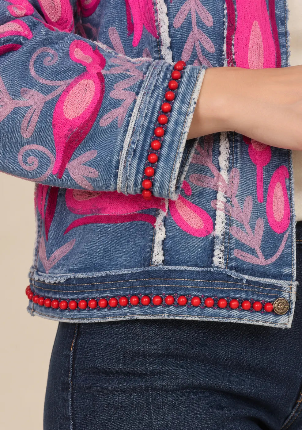 Women’s Denim Jacket with Pink Floral Hand-Embroidered - Sona