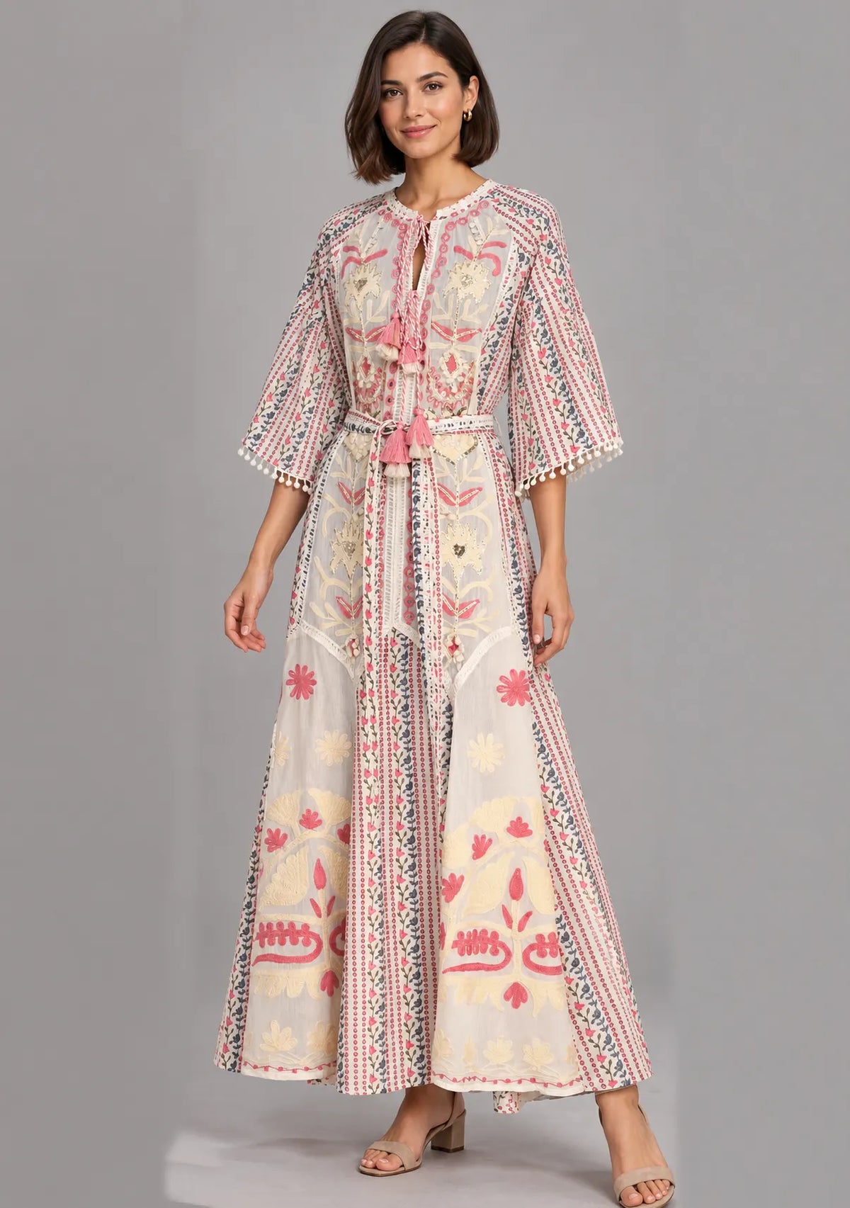 Diya Ivory Floral Embroidered Maxi Dress with Belt | ibBan