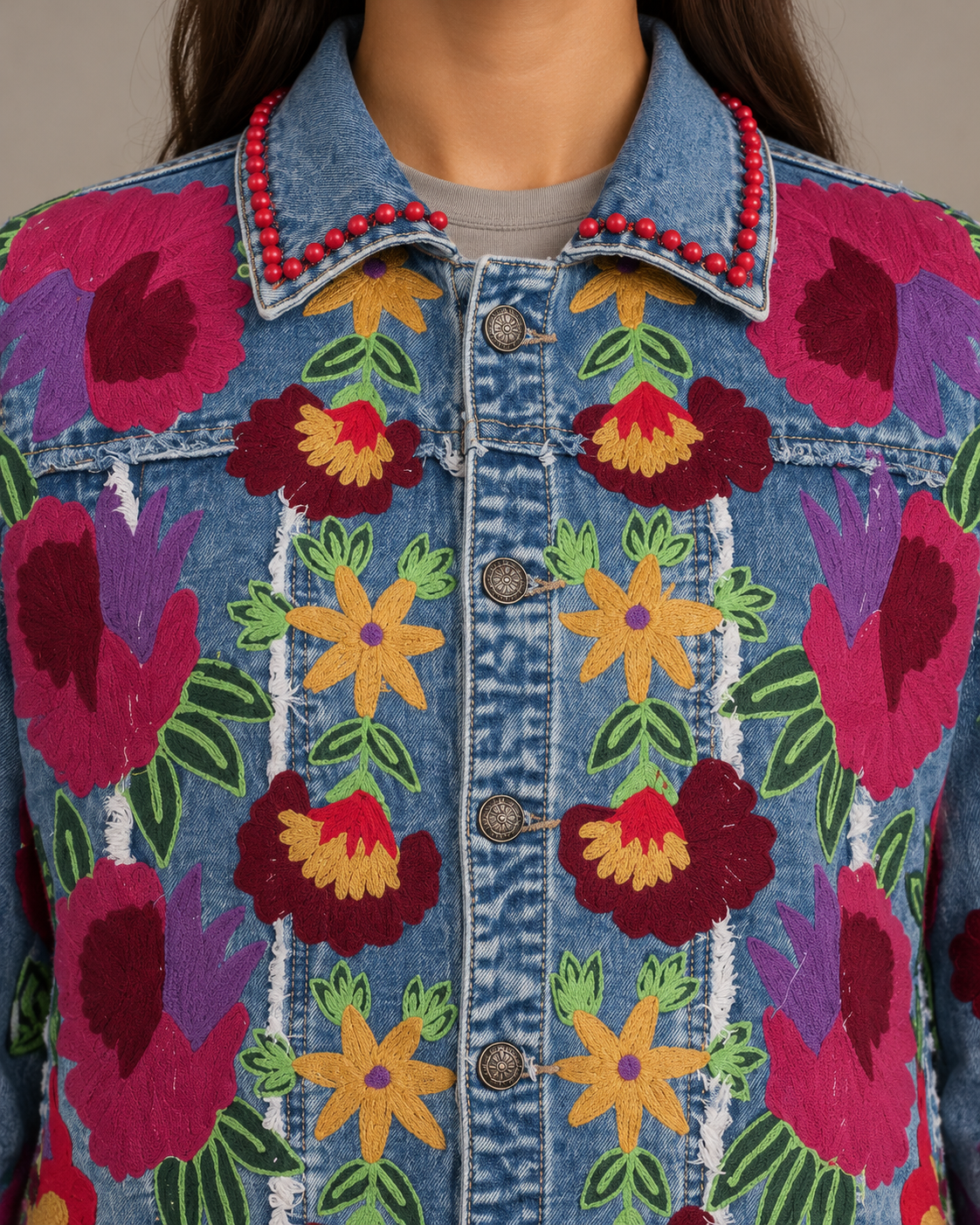 Women’s Blue Denim Jacket with Hand-Embroidered - Gypsy