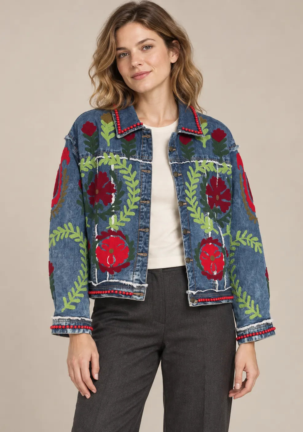 Women’s Blue Denim Jacket with Hand Embroidery - Ambir