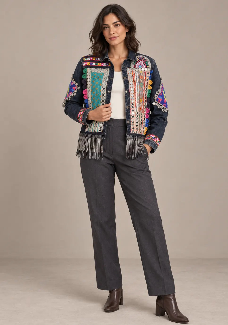 Women’s Banjara Embroidered Denim Jacket with Fringe -Jhalia