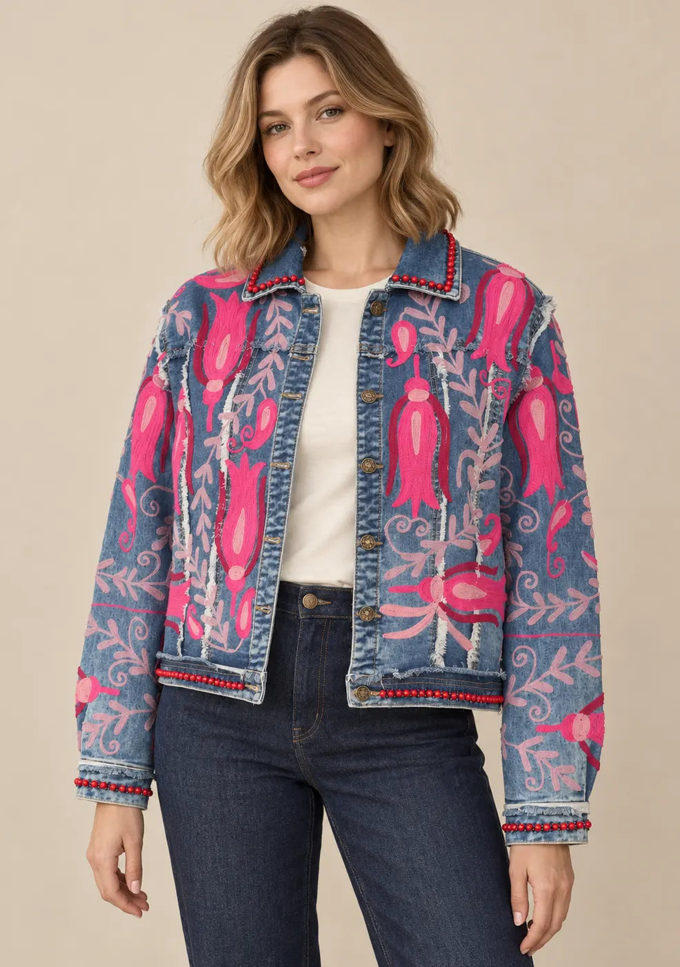 Women’s Denim Jacket with Pink Floral Hand-Embroidered - Sona