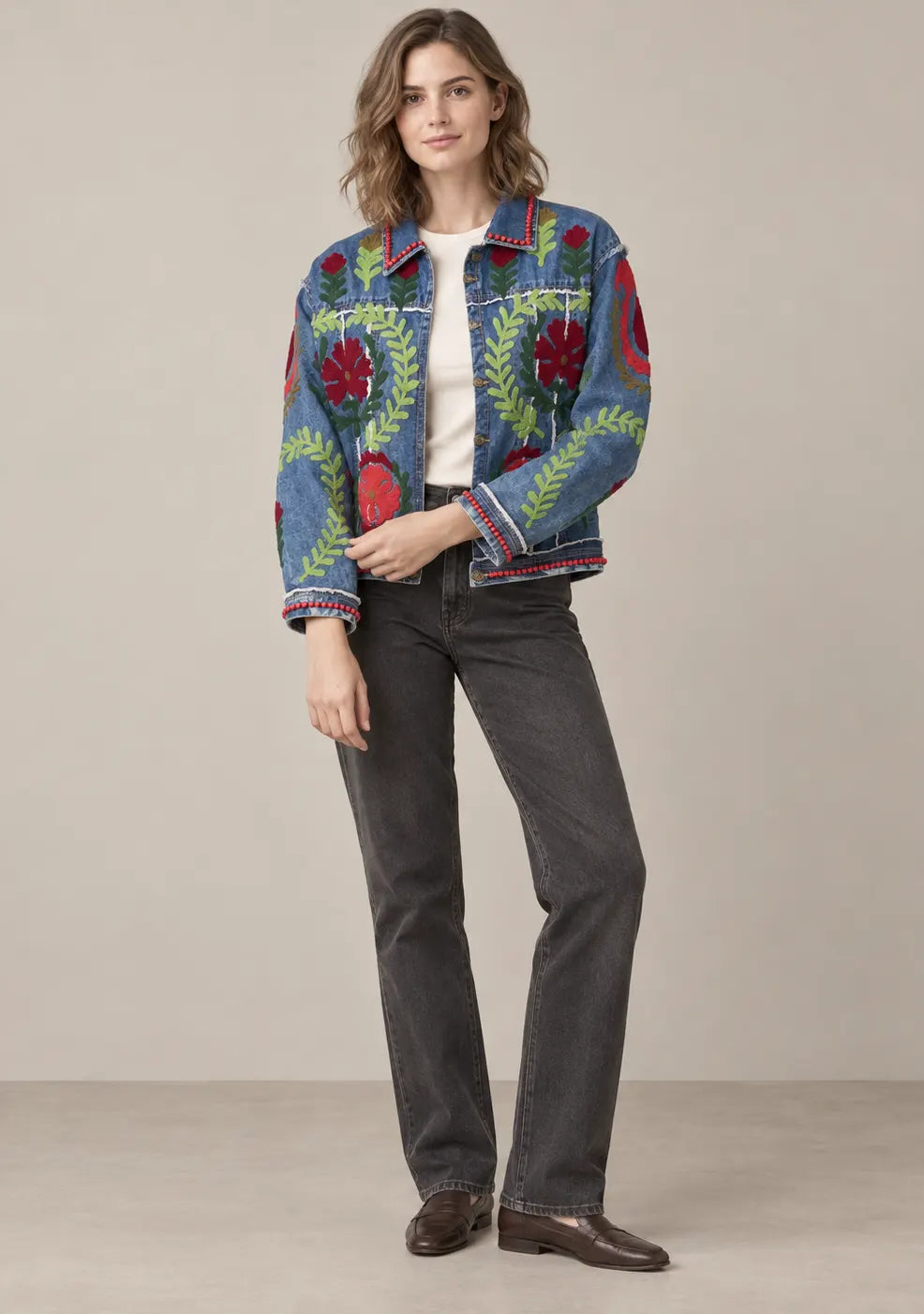 Women’s Blue Denim Jacket with Hand Embroidery - Ambir