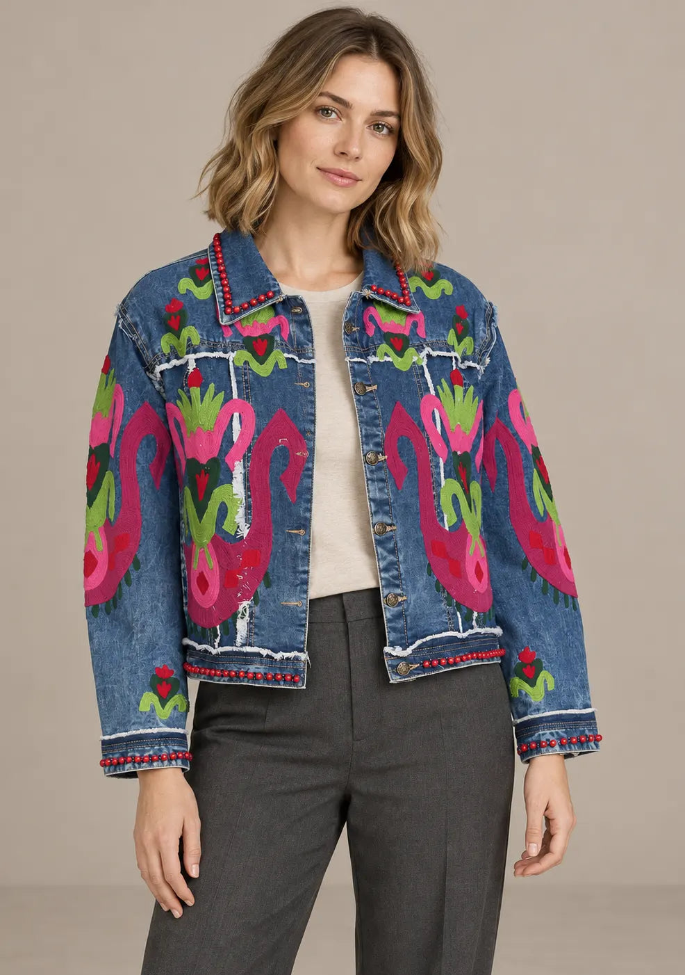 Women’s Blue Denim Jacket with Hand-Embroidered - Vesana