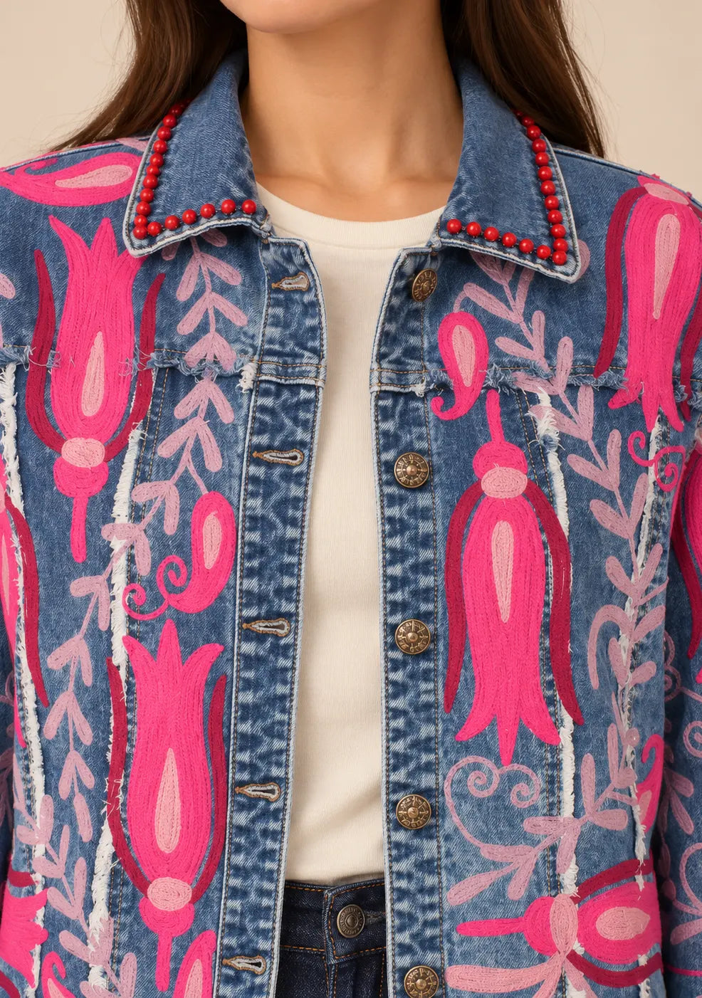 Women’s Denim Jacket with Pink Floral Hand-Embroidered - Sona