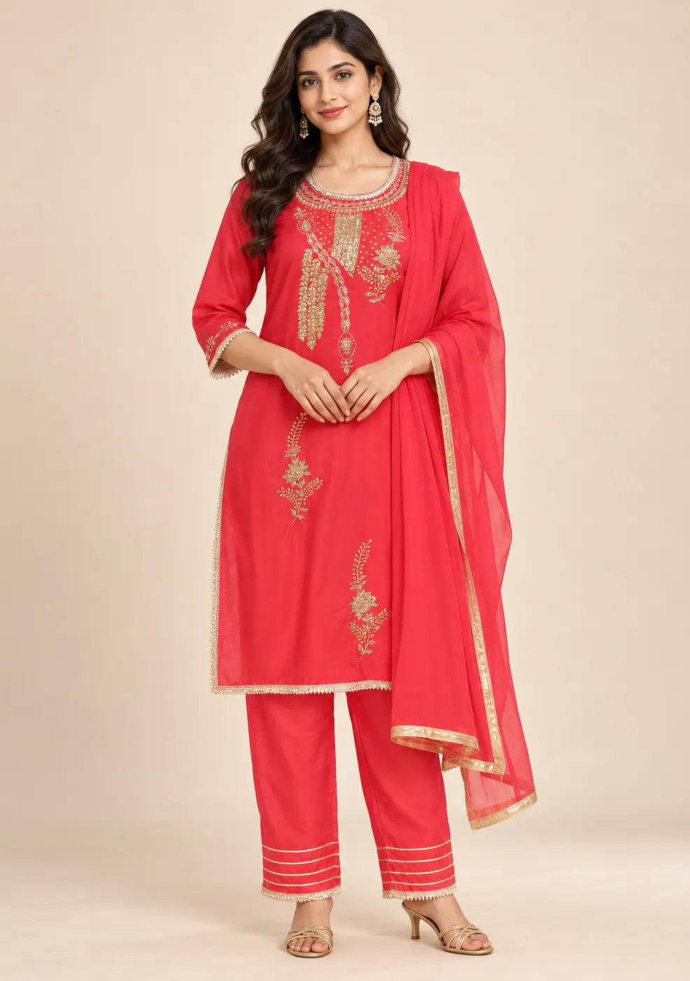 Afsu Red Embroidered Kurta Suit Set with Dupatta