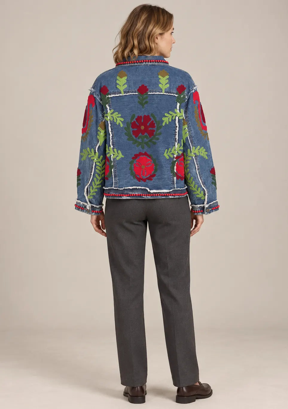 Women’s Blue Denim Jacket with Hand Embroidery - Ambir