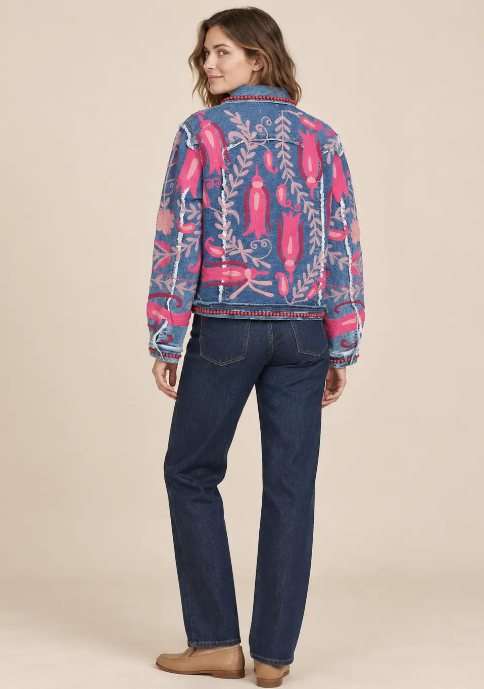 Women’s Denim Jacket with Pink Floral Hand-Embroidered - Sona