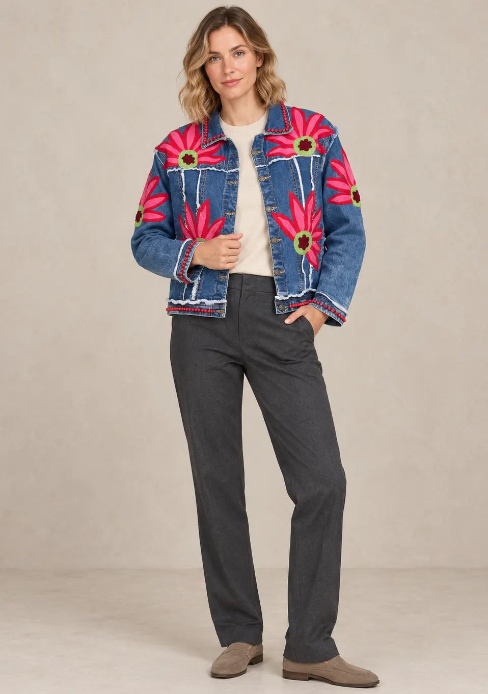Women’s Blue Denim Jacket with Hand-Embroidered - Rozy