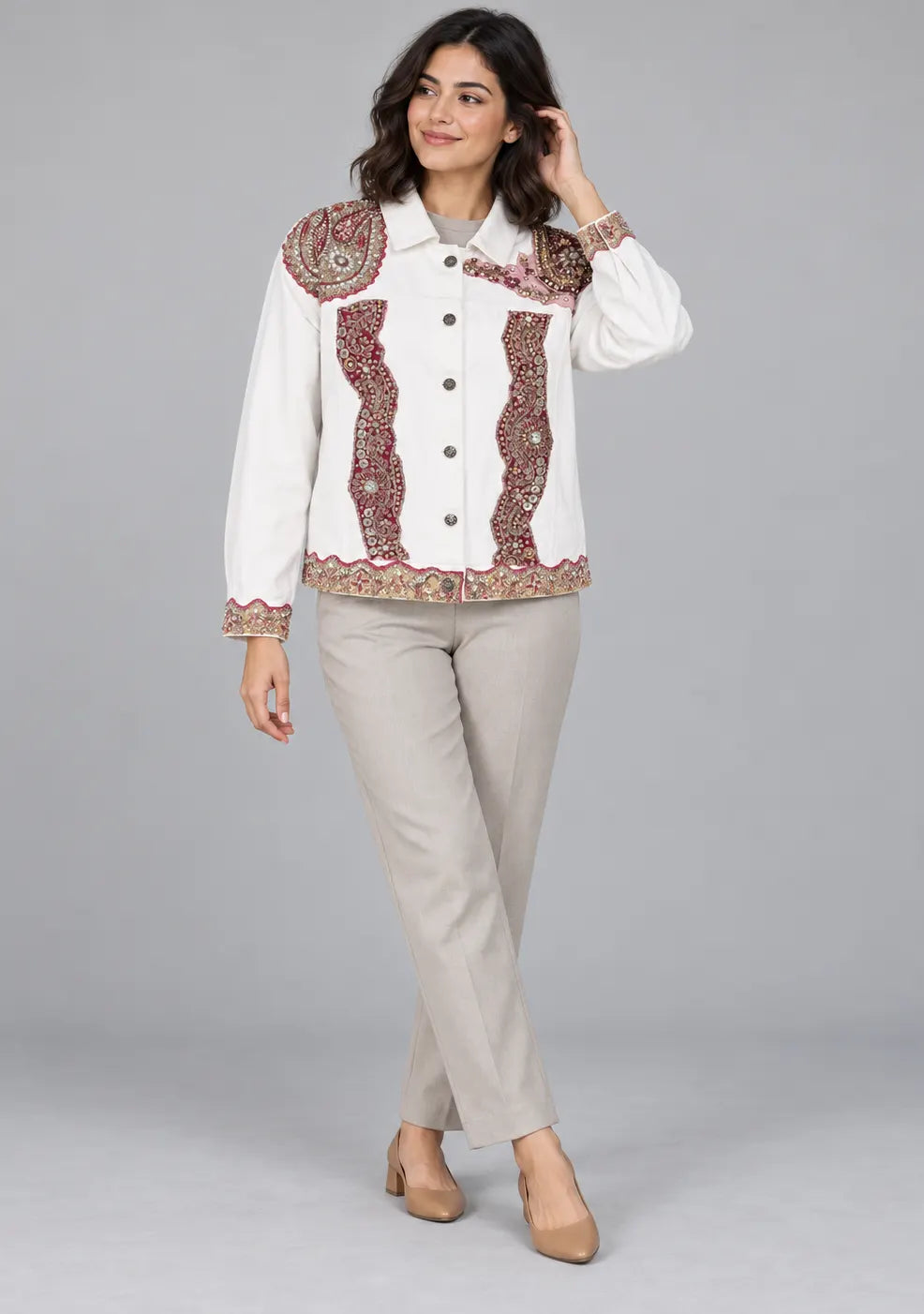 Women’s White Cotton Jacket with Hand Embroidery - Tosifa