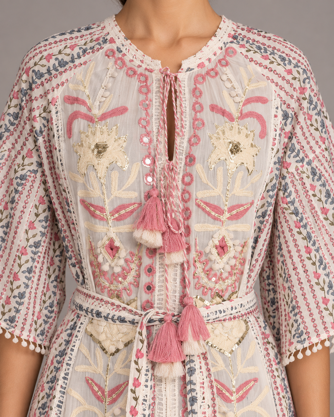 Diya Ivory Floral Embroidered Maxi Dress with Belt | ibBan