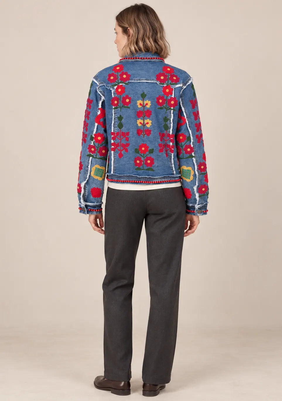 Women’s Denim Jacket with Floral Design Hand-Embroidered -Zara