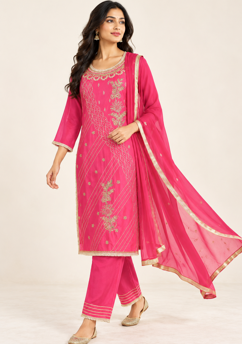 Saisa Fuchsia Embroidered Suit with Trousers & Dupatta | ibBan