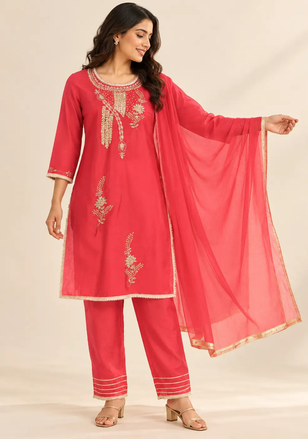 Afsu Red Embroidered Kurta Suit Set with Dupatta