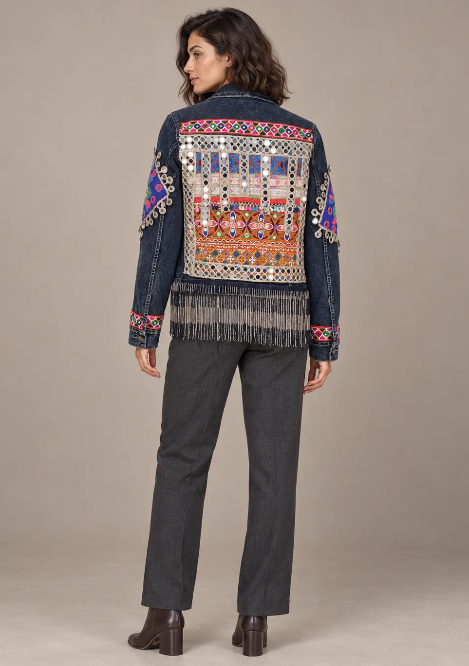 Women’s Banjara Embroidered Denim Jacket with Fringe -Jhalia