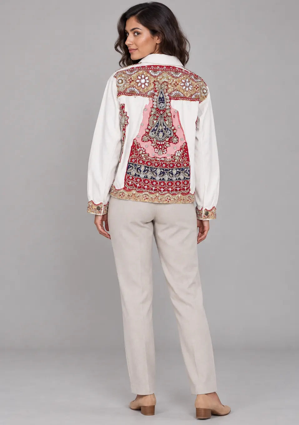 Women’s White Cotton Jacket with Hand Embroidery - Tosifa