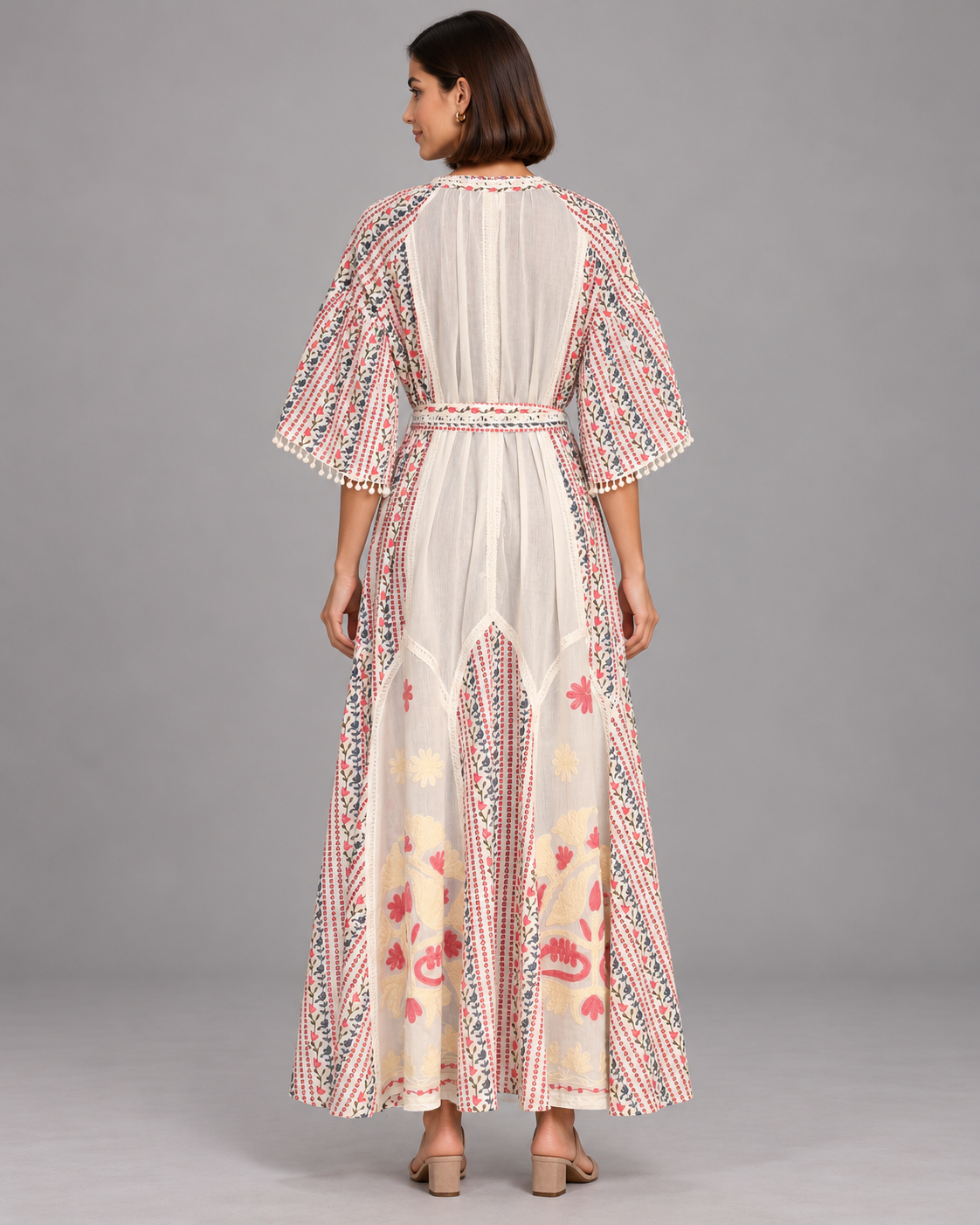 Diya Ivory Floral Embroidered Maxi Dress with Belt | ibBan
