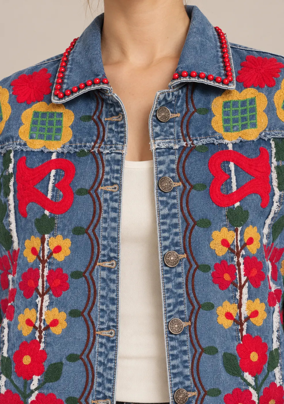 Women’s Denim Jacket with Floral Design Hand-Embroidered -Zara
