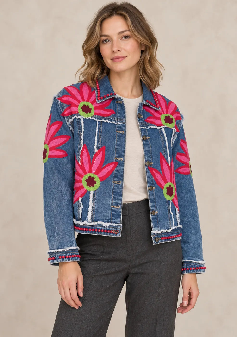 Women’s Blue Denim Jacket with Hand-Embroidered - Rozy