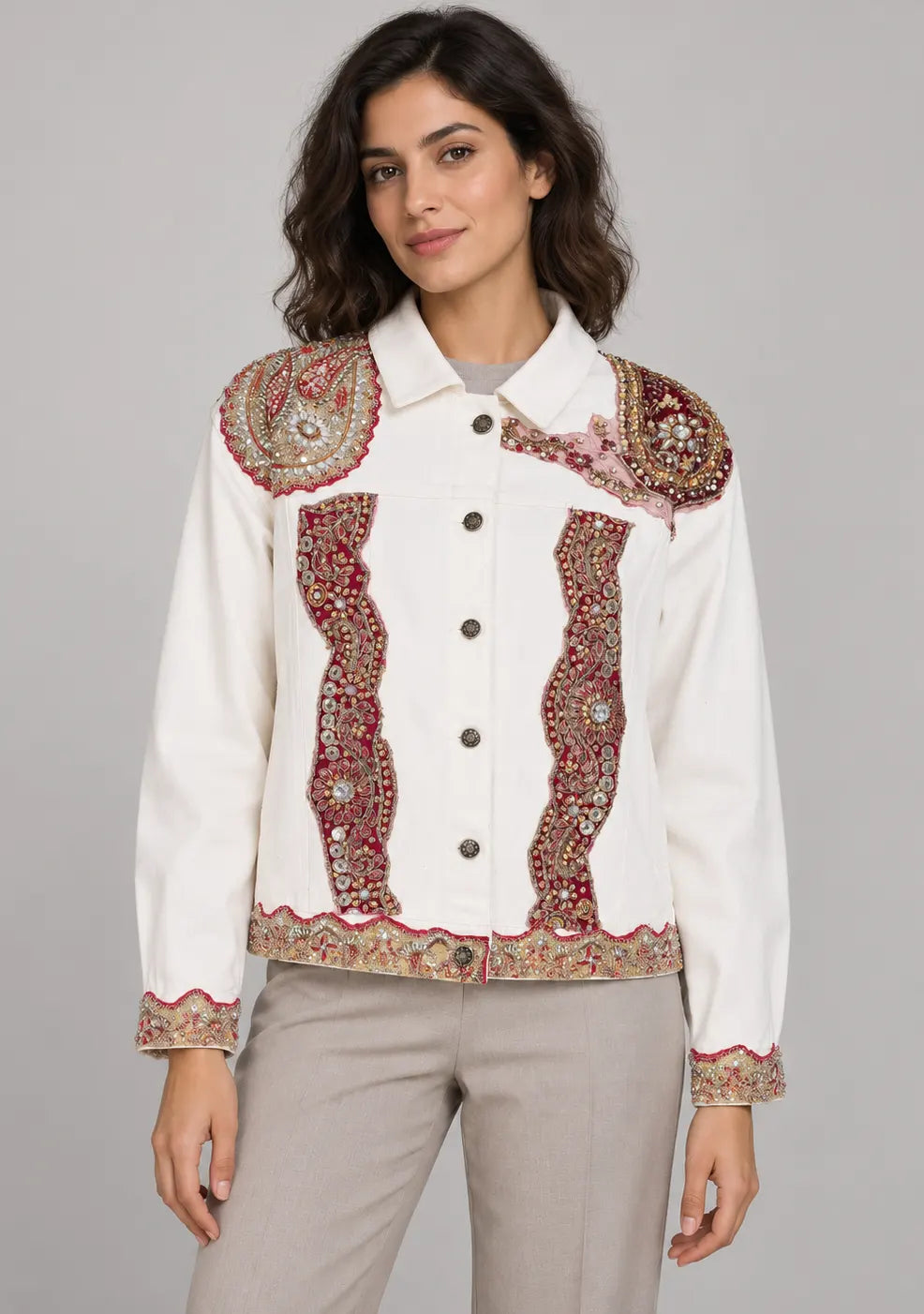 Women’s White Cotton Jacket with Hand Embroidery - Tosifa