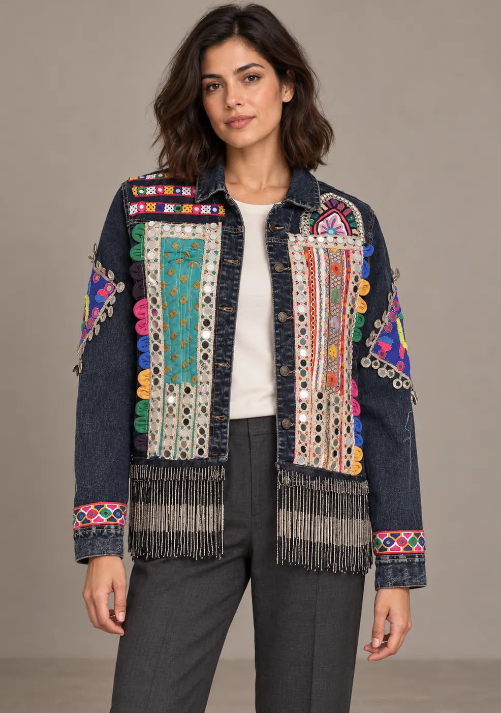 Women’s Banjara Embroidered Denim Jacket with Fringe -Jhalia