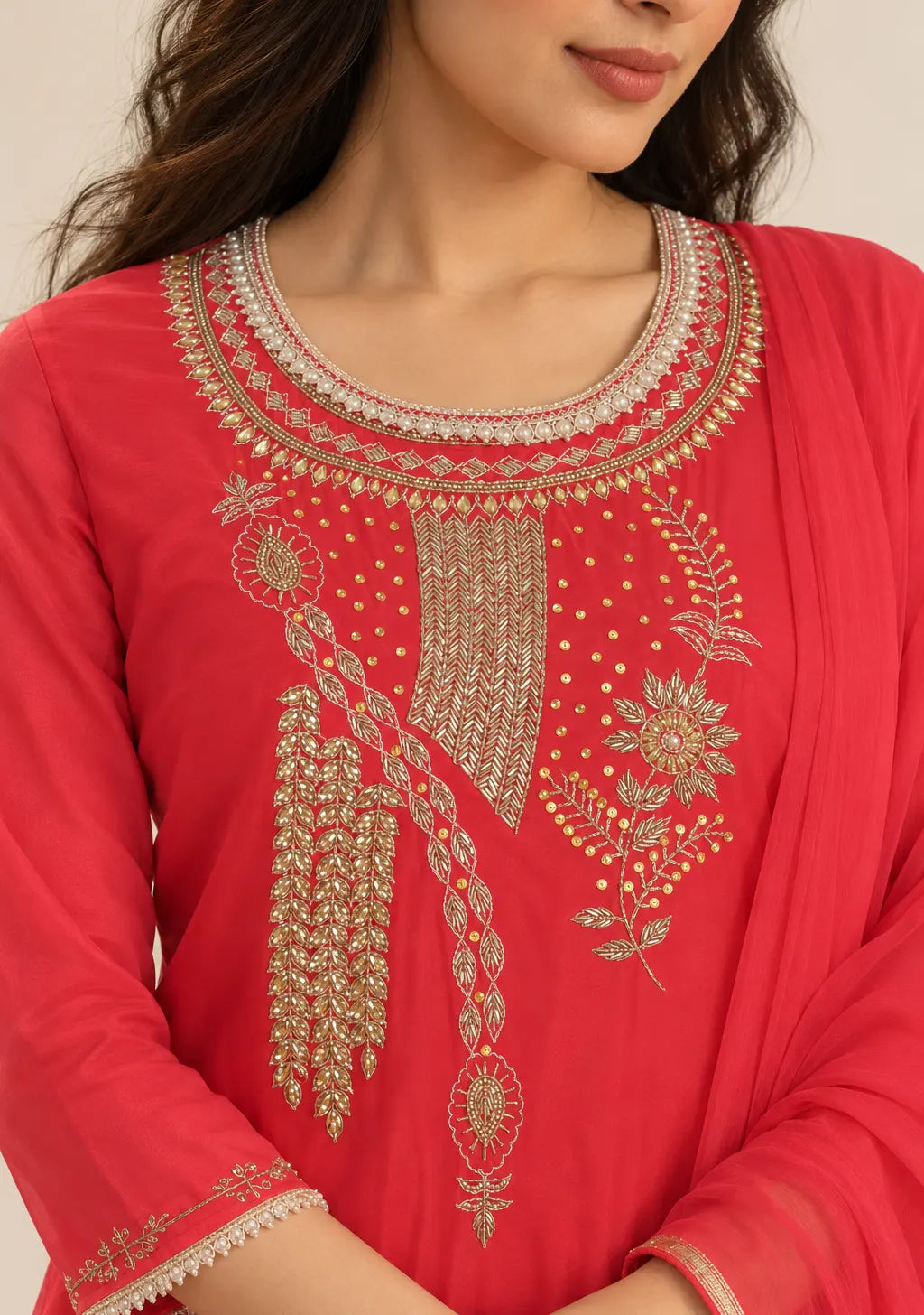 Afsu Red Embroidered Kurta Suit Set with Dupatta