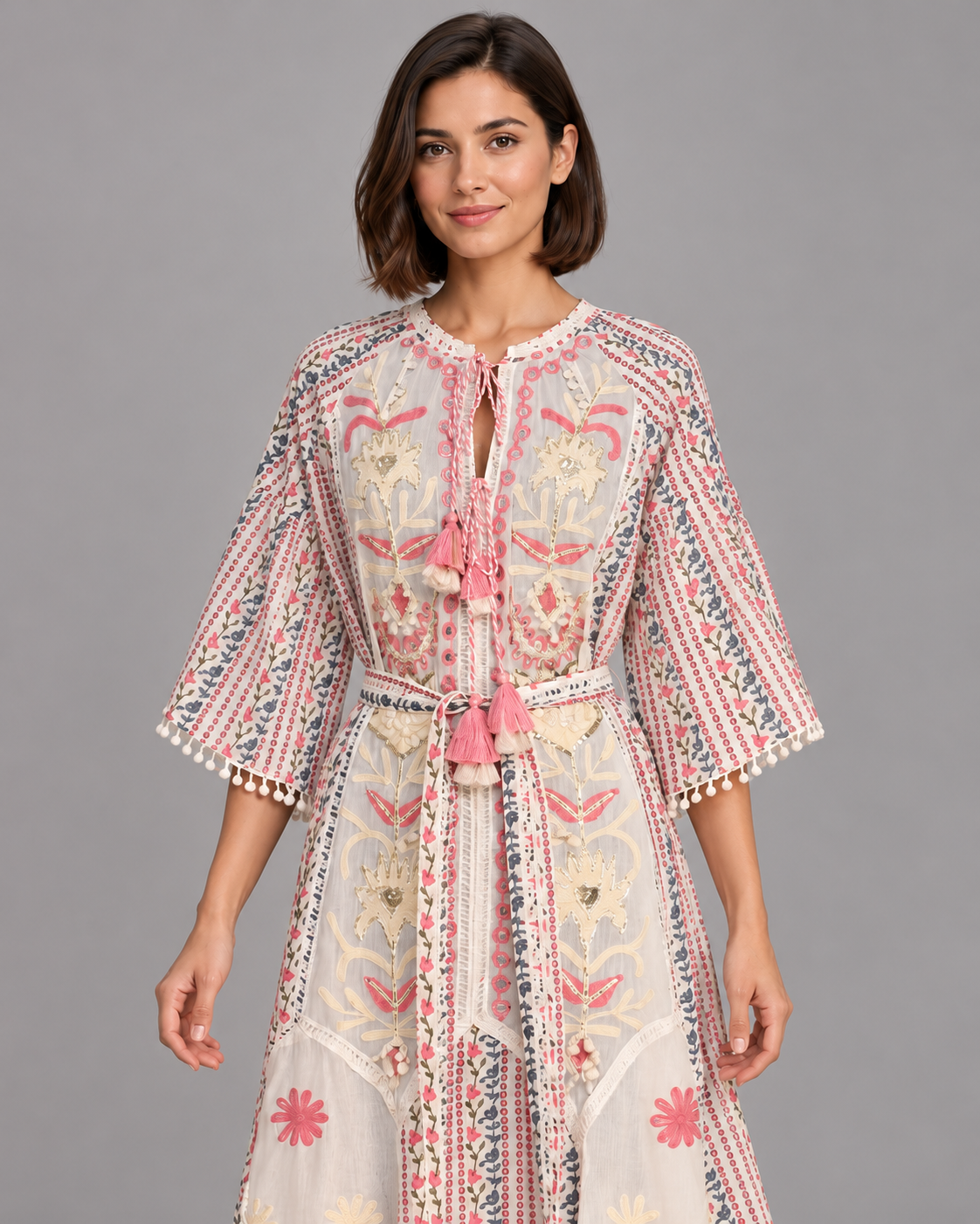 Diya Ivory Floral Embroidered Maxi Dress with Belt | ibBan