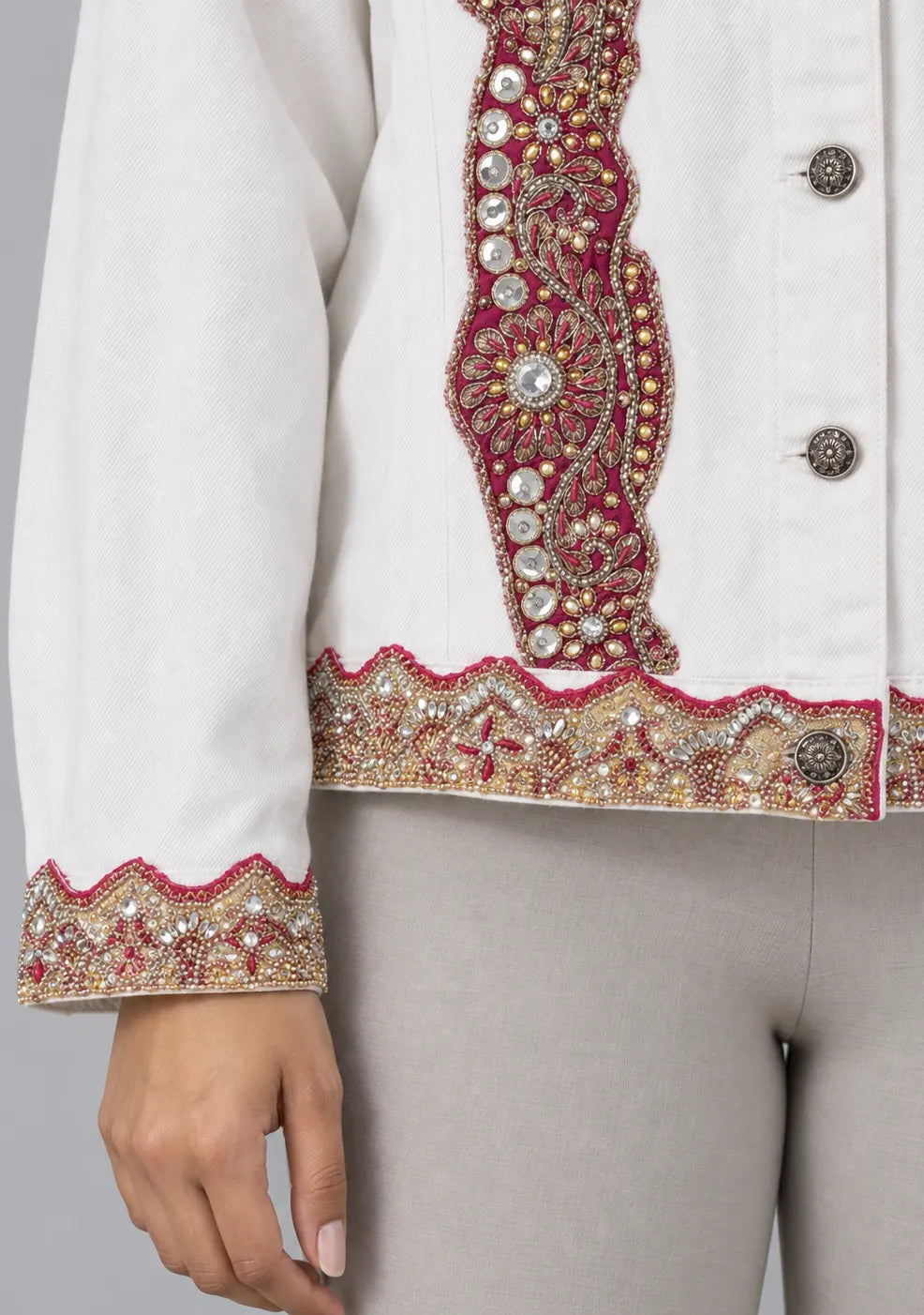 Women’s White Cotton Jacket with Hand Embroidery - Tosifa