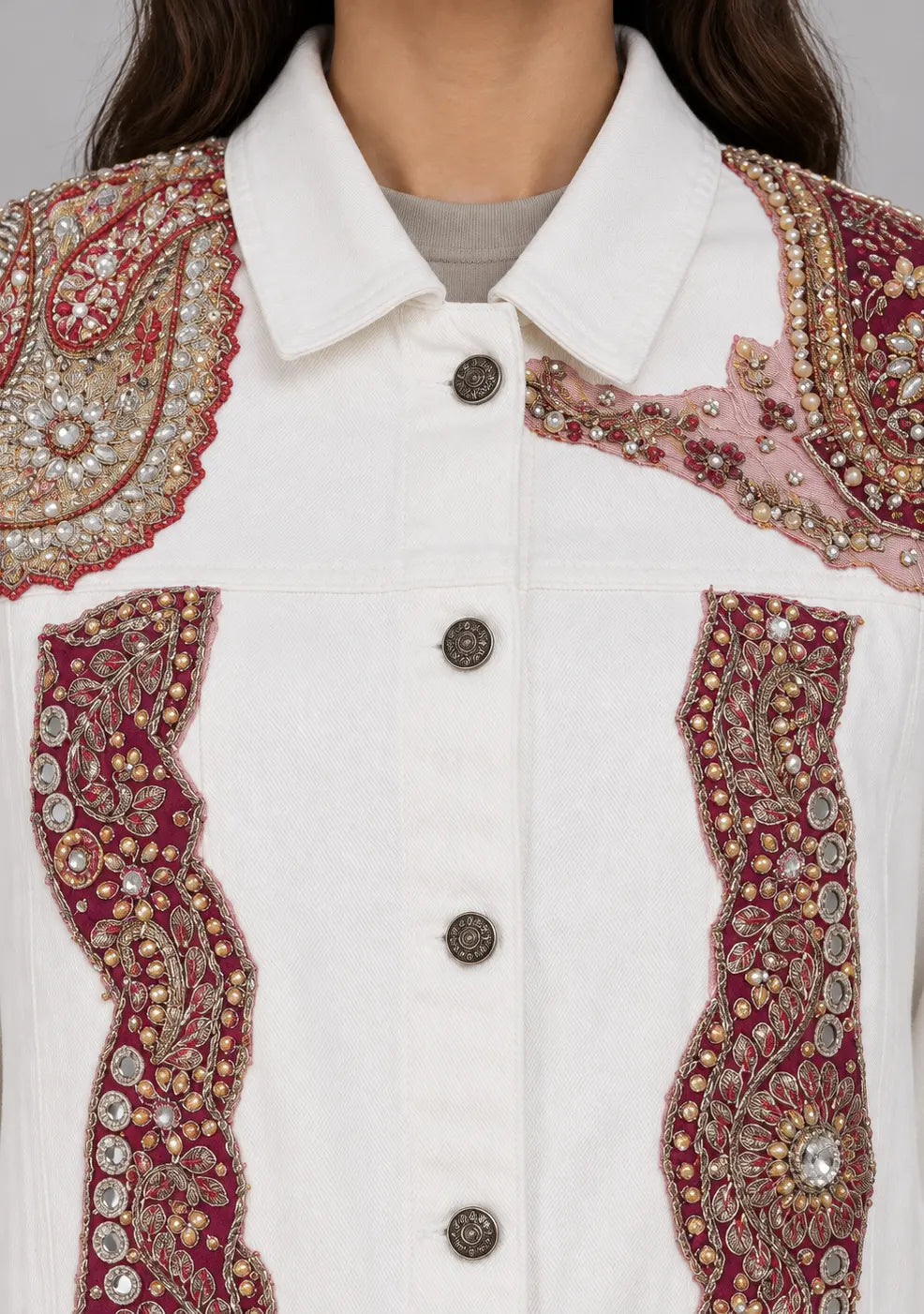 Women’s White Cotton Jacket with Hand Embroidery - Tosifa
