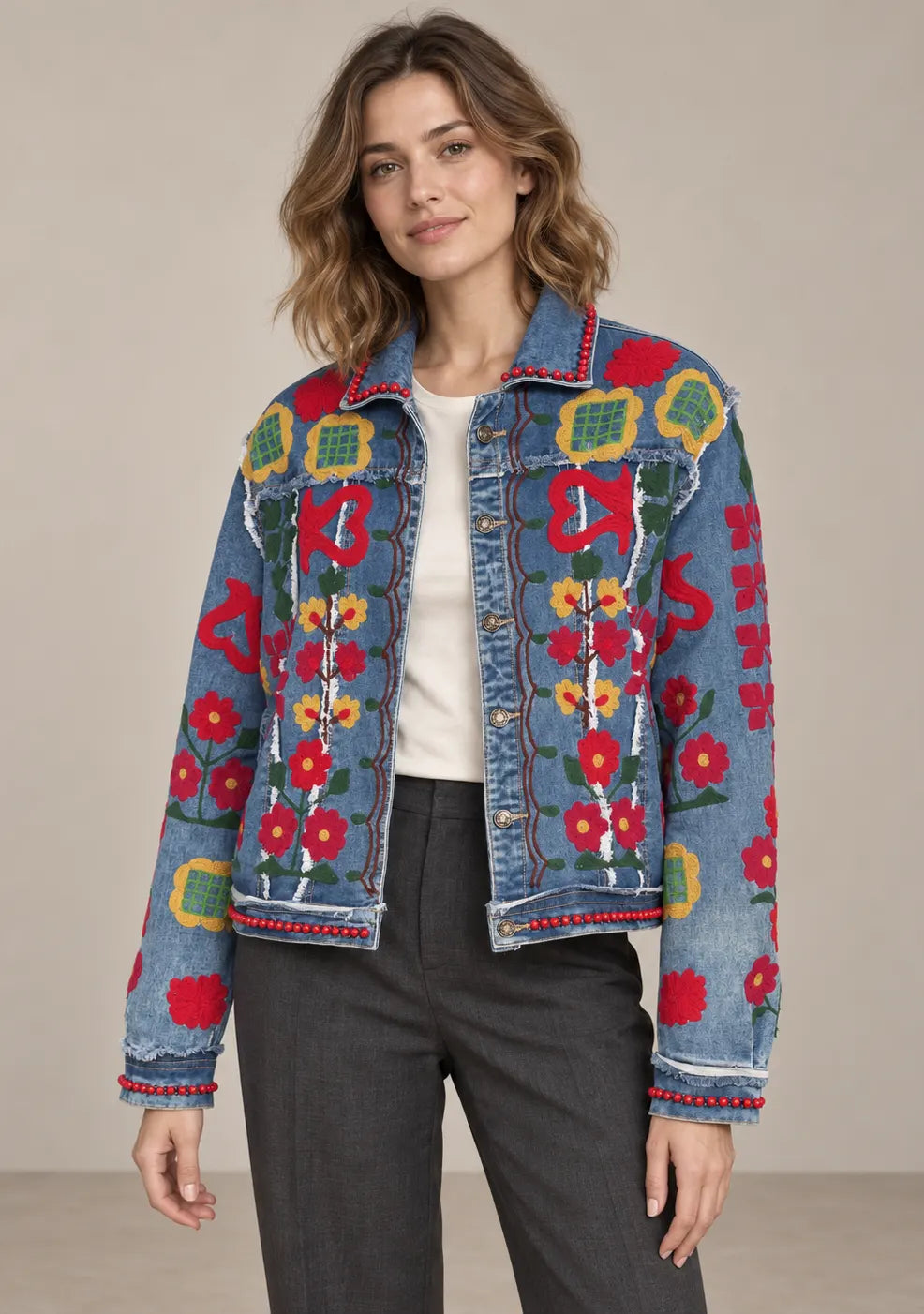 Women’s Denim Jacket with Floral Design Hand-Embroidered -Zara