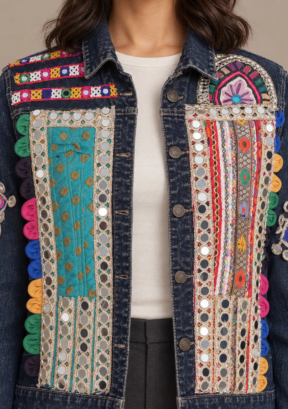 Women’s Banjara Embroidered Denim Jacket with Fringe -Jhalia