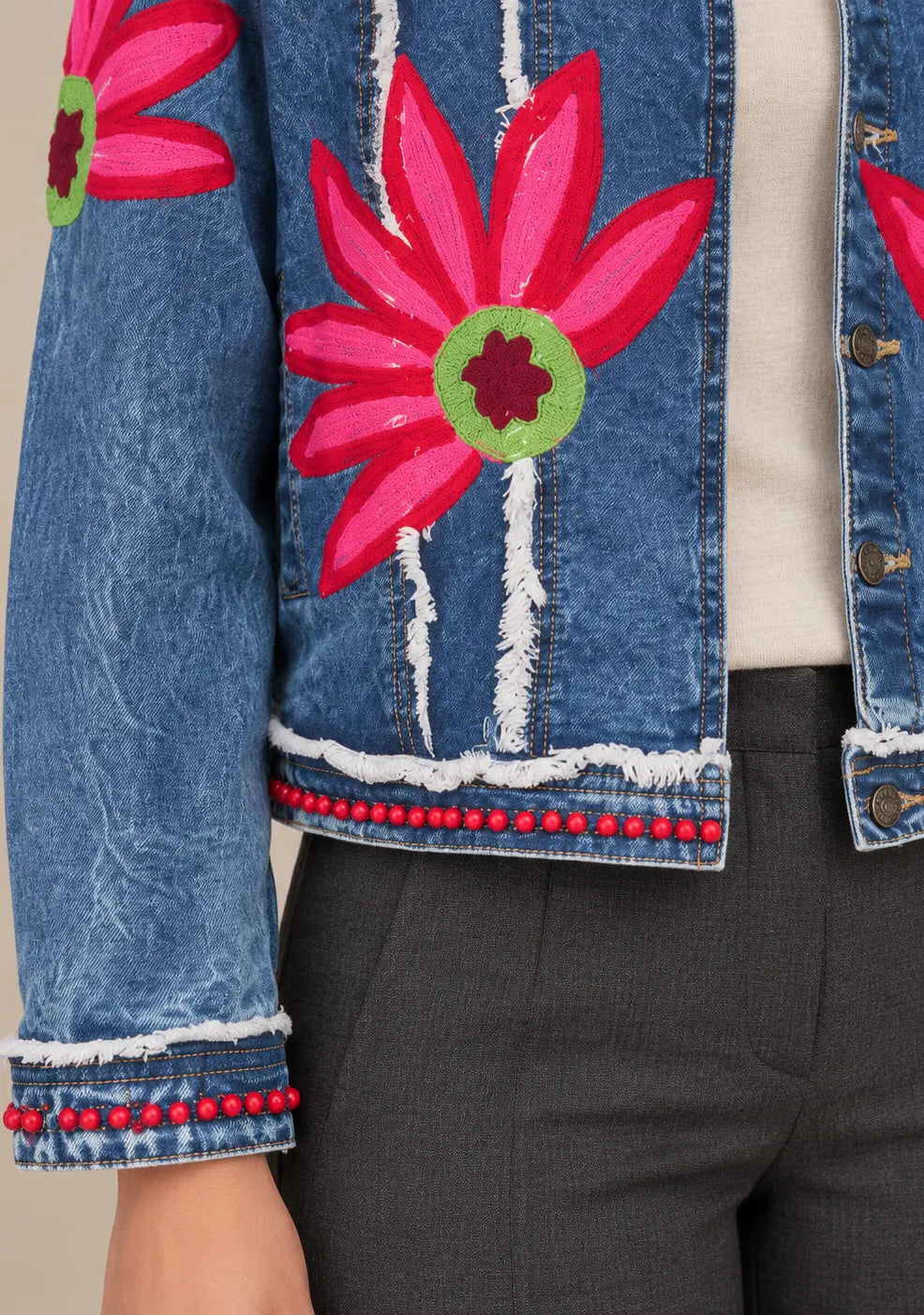 Women’s Blue Denim Jacket with Hand-Embroidered - Rozy
