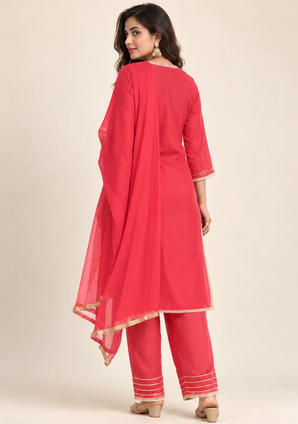 Afsu Red Embroidered Kurta Suit Set with Dupatta