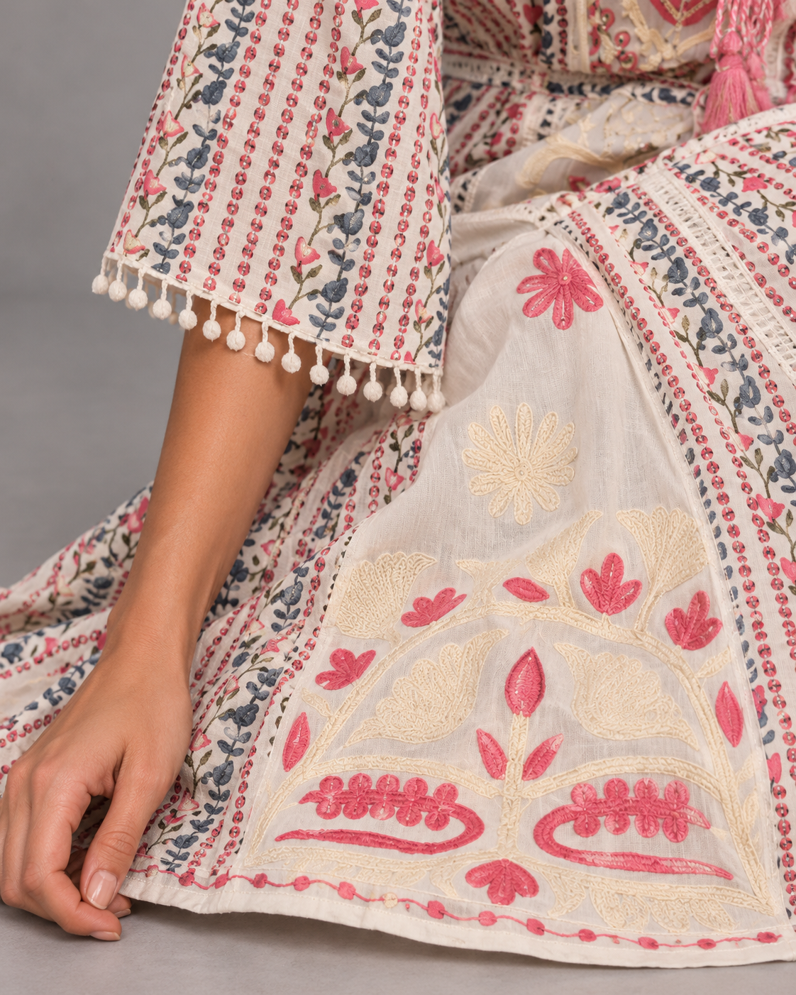 Diya Ivory Floral Embroidered Maxi Dress with Belt | ibBan