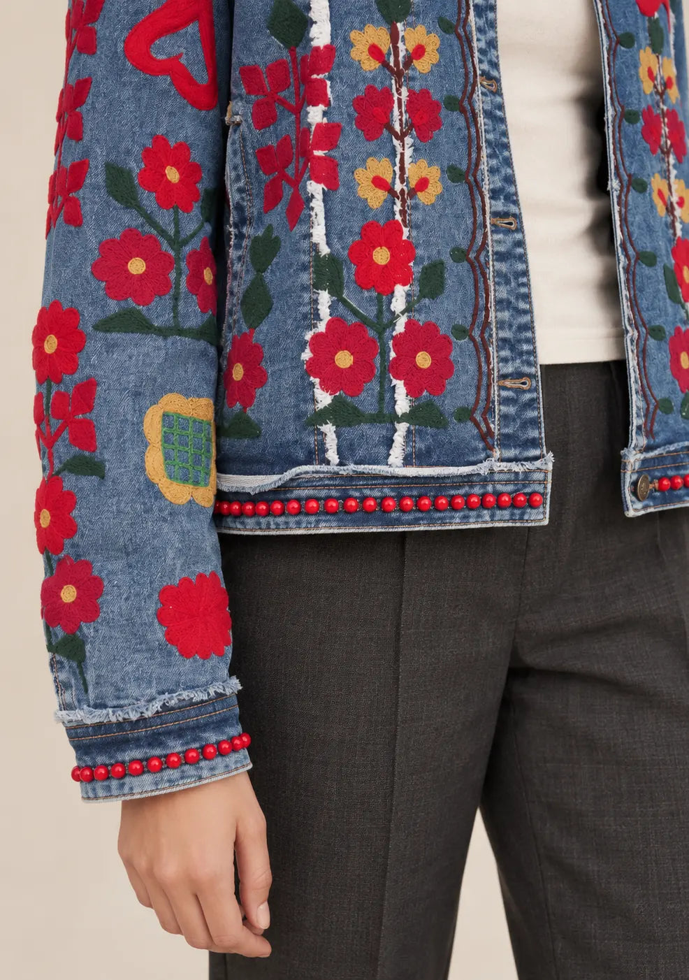 Women’s Denim Jacket with Floral Design Hand-Embroidered -Zara