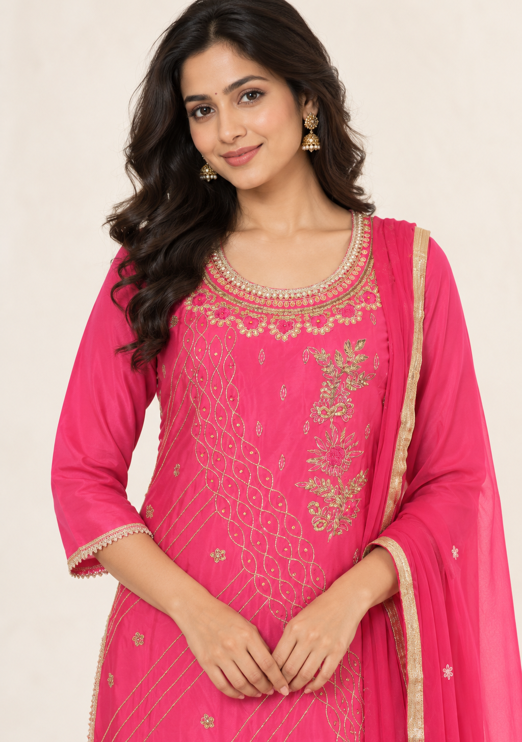 Saisa Fuchsia Embroidered Suit with Trousers & Dupatta | ibBan