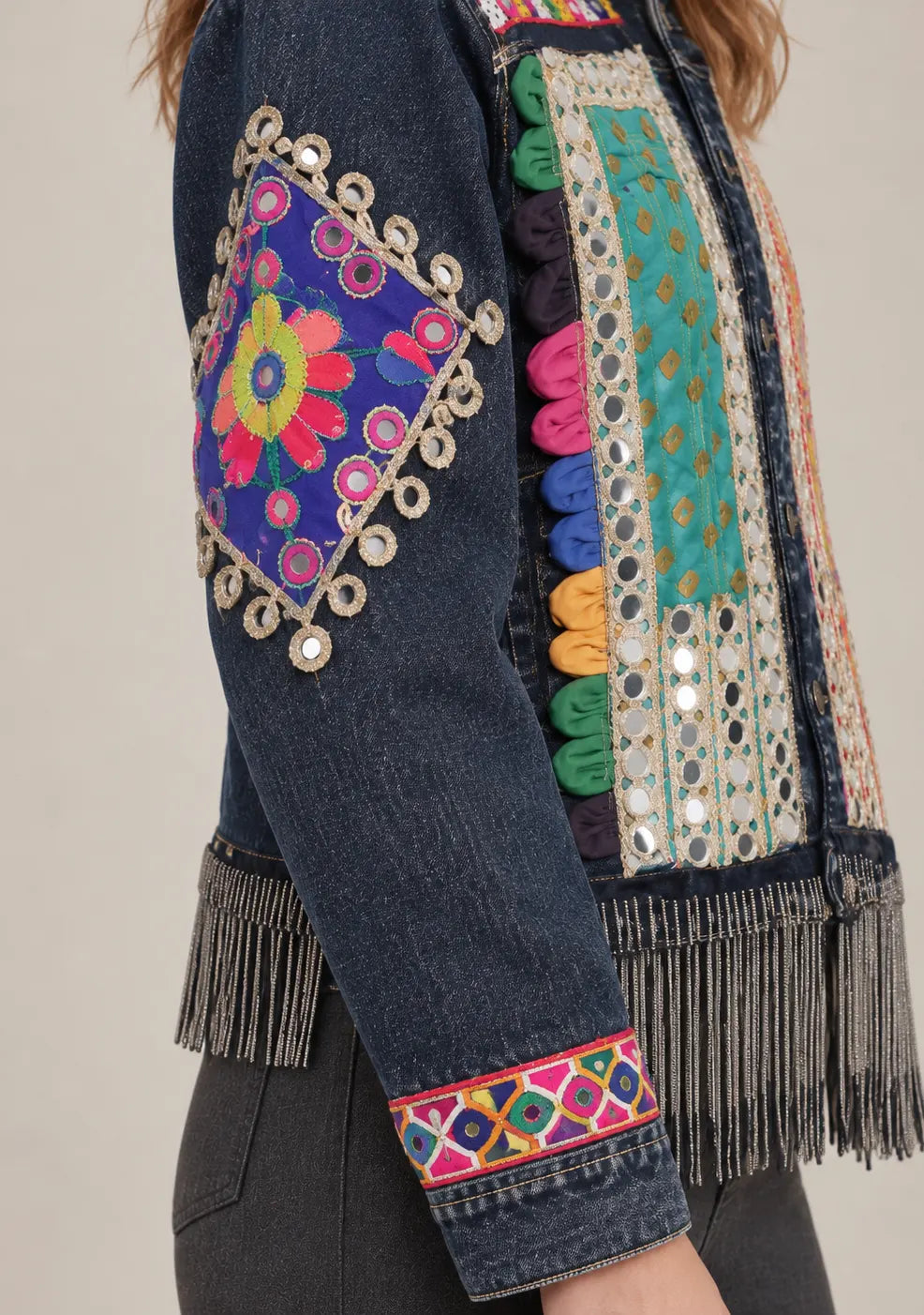 Women’s Banjara Embroidered Denim Jacket with Fringe -Jhalia