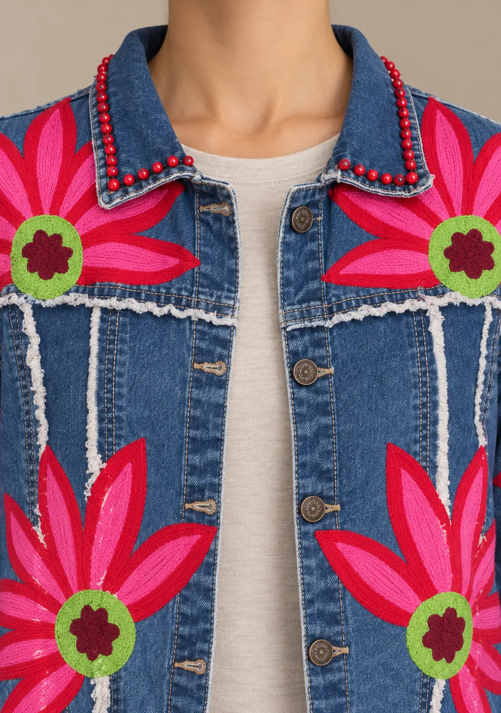 Women’s Blue Denim Jacket with Hand-Embroidered - Rozy
