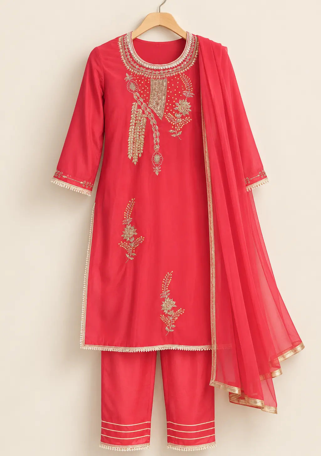 Afsu Red Embroidered Kurta Suit Set with Dupatta