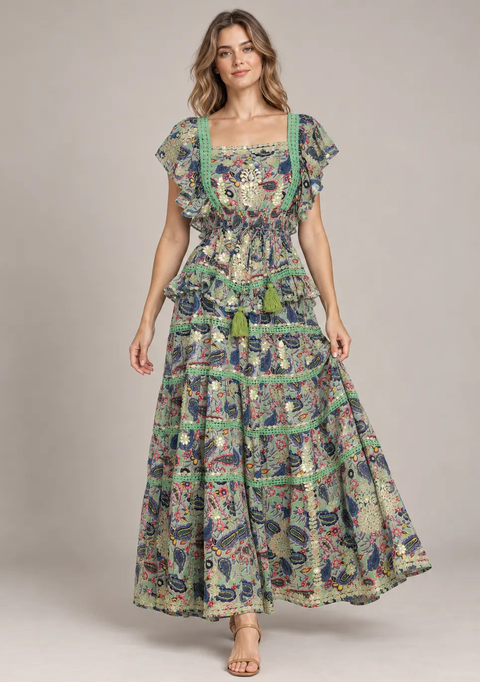 Women’s Cotton Floral Embroidered Tiered long Dress -Nafia