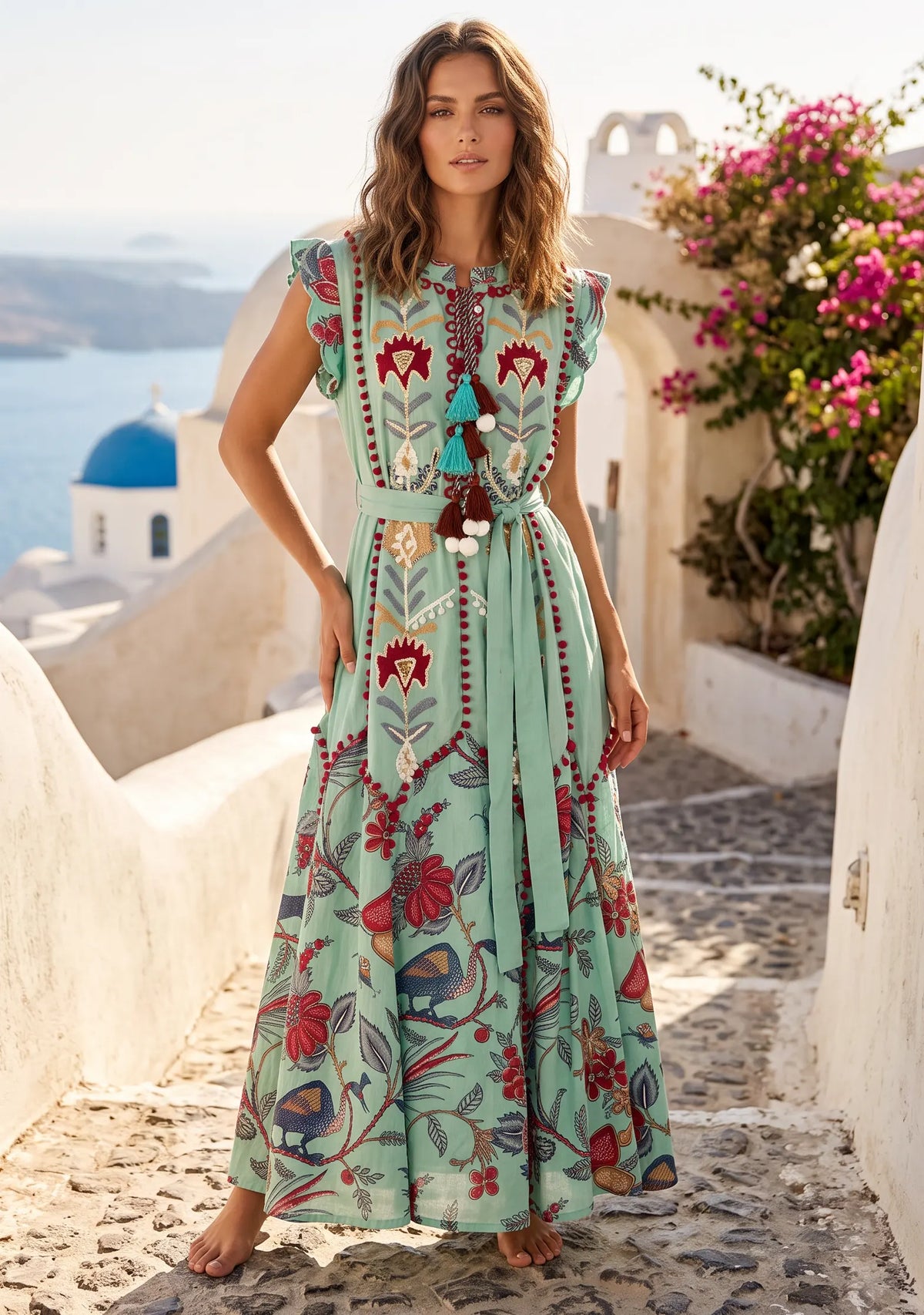 Women’s Printed Cotton Dress with Hand Embroidery - Rasha