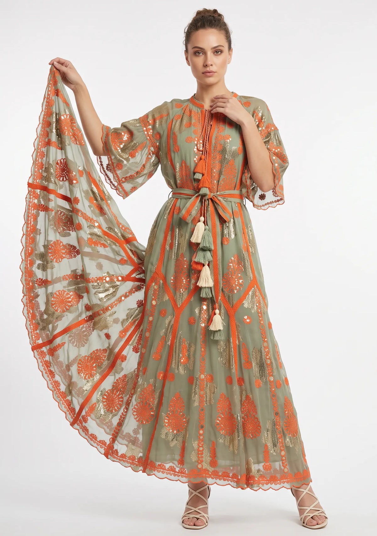 Faiza Long Dress – Embroidered Maxi Dress with Tie Belt | ibBan