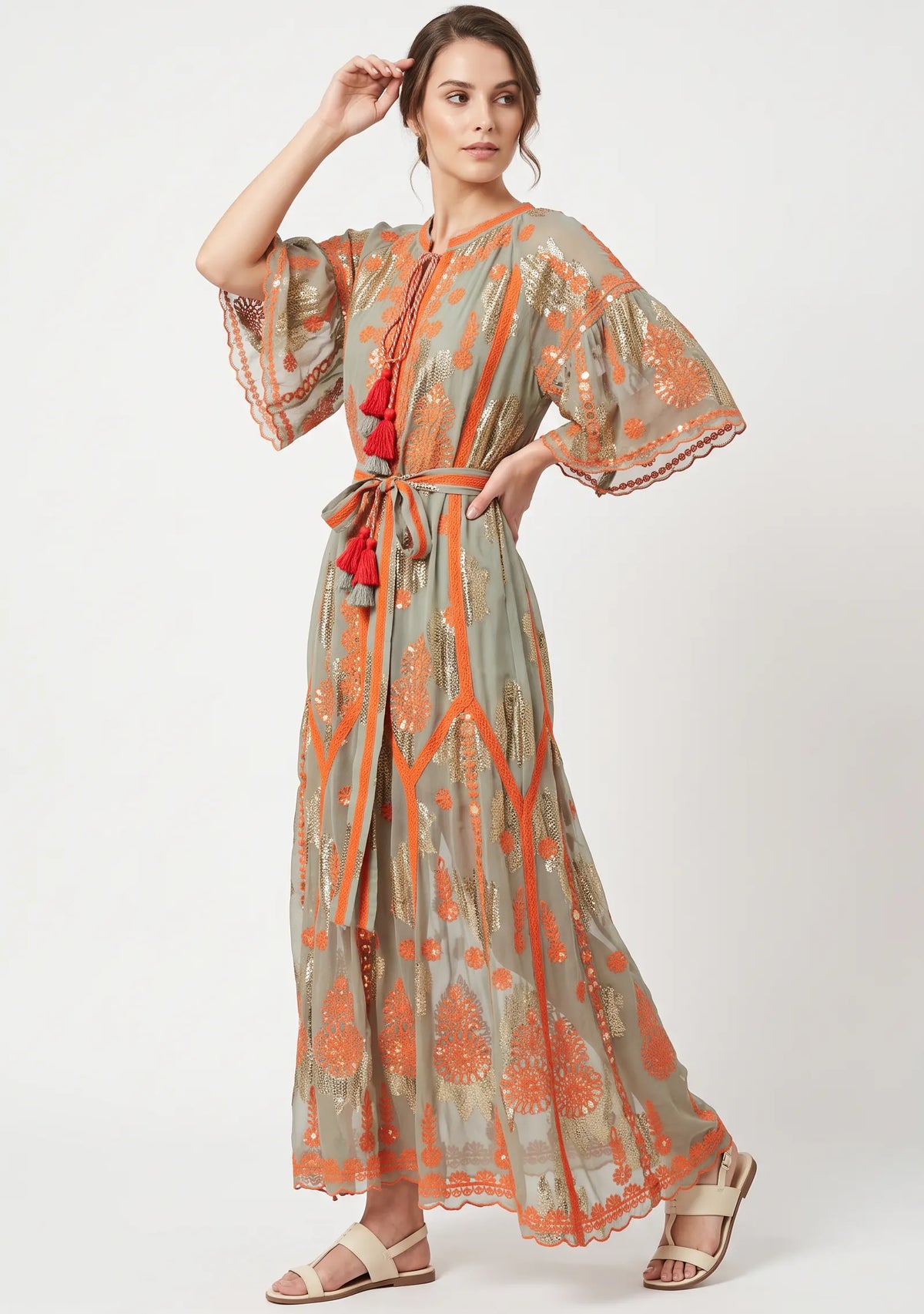 Faiza Long Dress – Embroidered Maxi Dress with Tie Belt | ibBan
