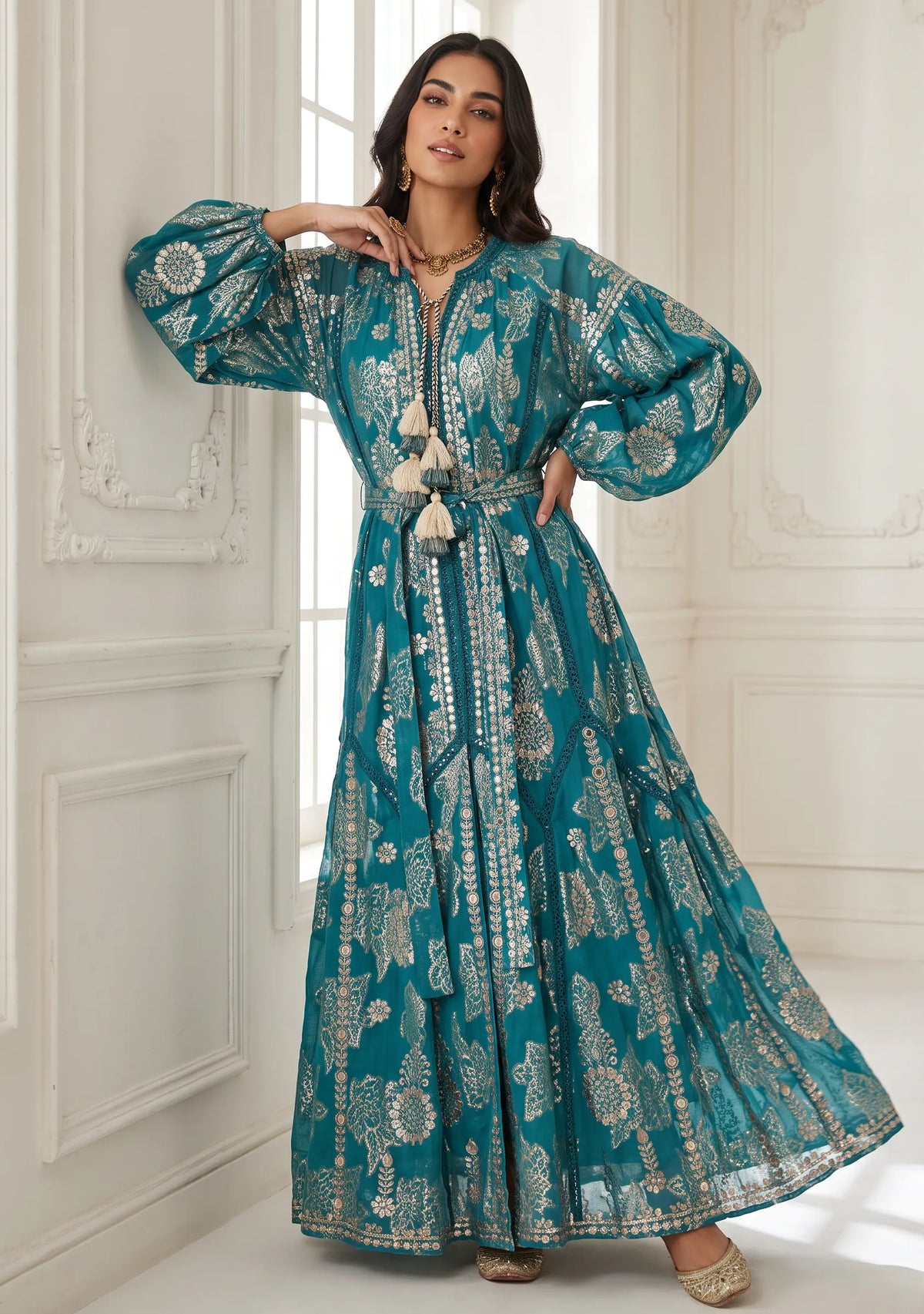 Women’s Printed Cotton Lurex Embroidered Long Dress - Mavi